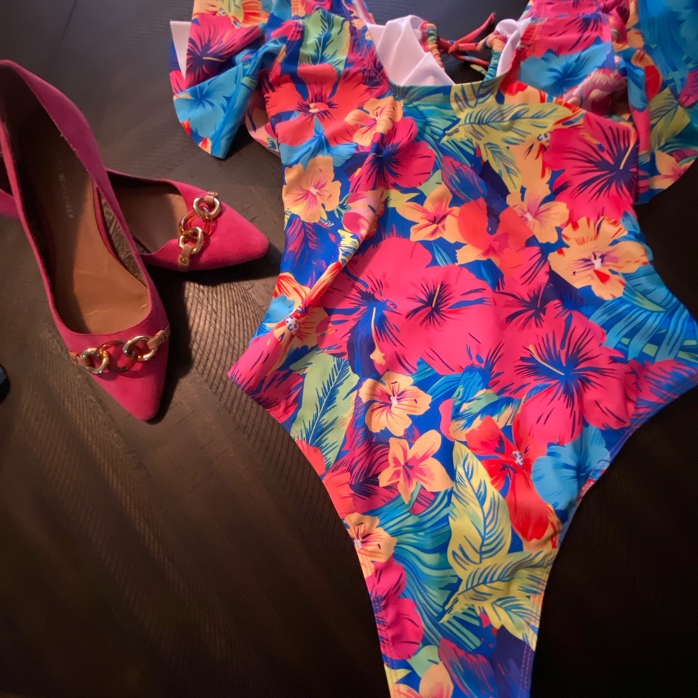 NWOT - Vibrant Floral Butterfly Sleeve One-Piece Swimsuit Size XL or 14